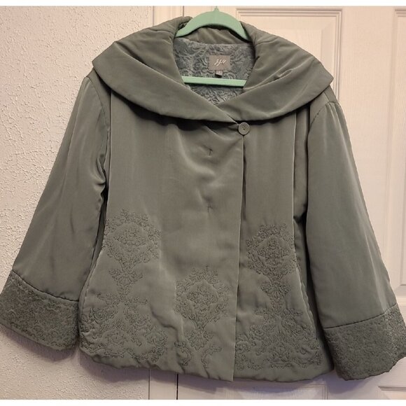 J. Jill Sage Green Embroidered Stitched Lined Coat Jacket Sz Small Button Up - Picture 1 of 11